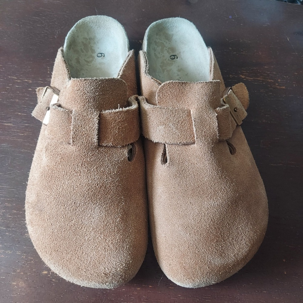 Quince Tan Suede Clogs Women 6 Cork Footbed Buckle Mules Slip On Shoes